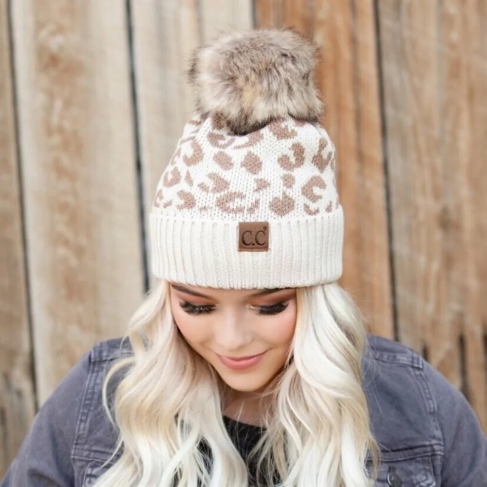 🍁LAST1️⃣New Tan/Cream C.C. Leopard Furry Pom Hat Women's Winter Warm Beanie Hat - Picture 3 of 5